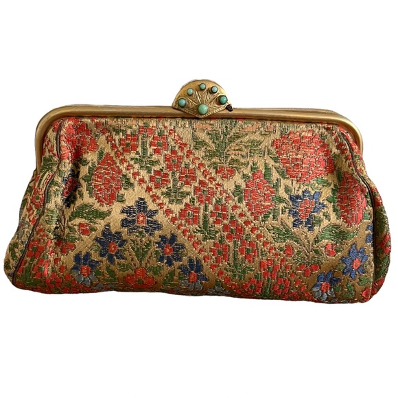 Vintage Floral Tapestry Clutch Bag Gemstone Closure with Original Compact Mirror - Picture 2 of 15